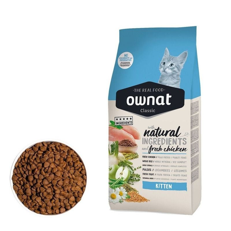 Dos du sac de croquettes Ownat Classic Kitten montrant la liste des ingrédients et les informations 