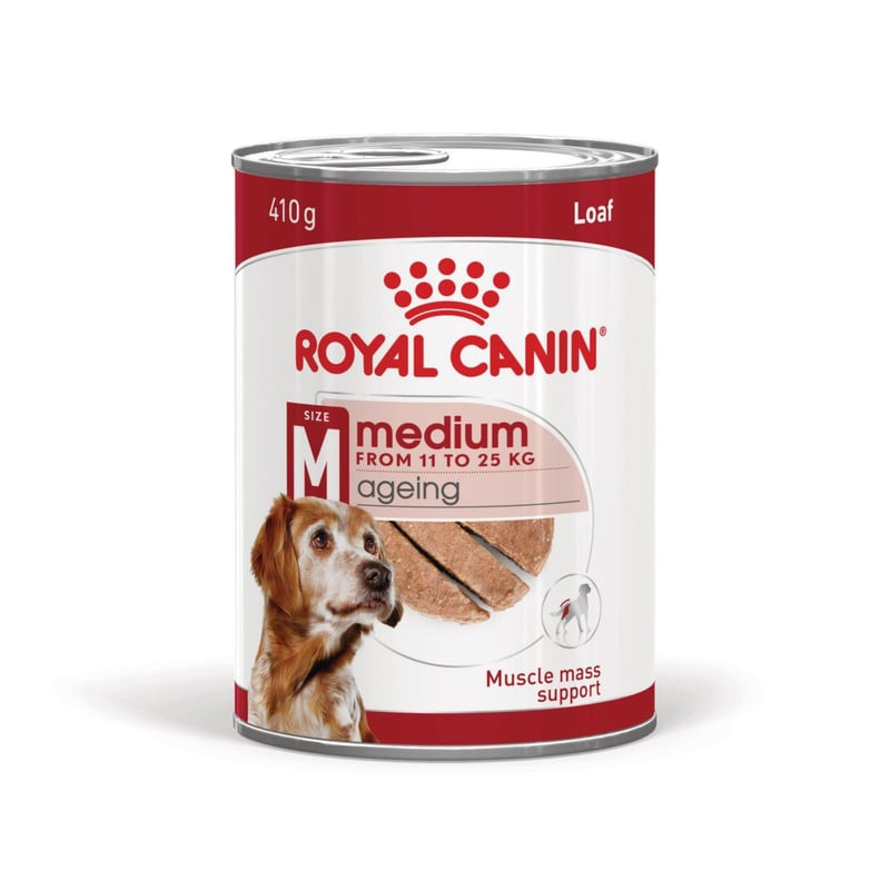 Packshot de la pâtée ROYAL CANIN Medium Ageing Loaf pour chiens seniors de taille moyenne.