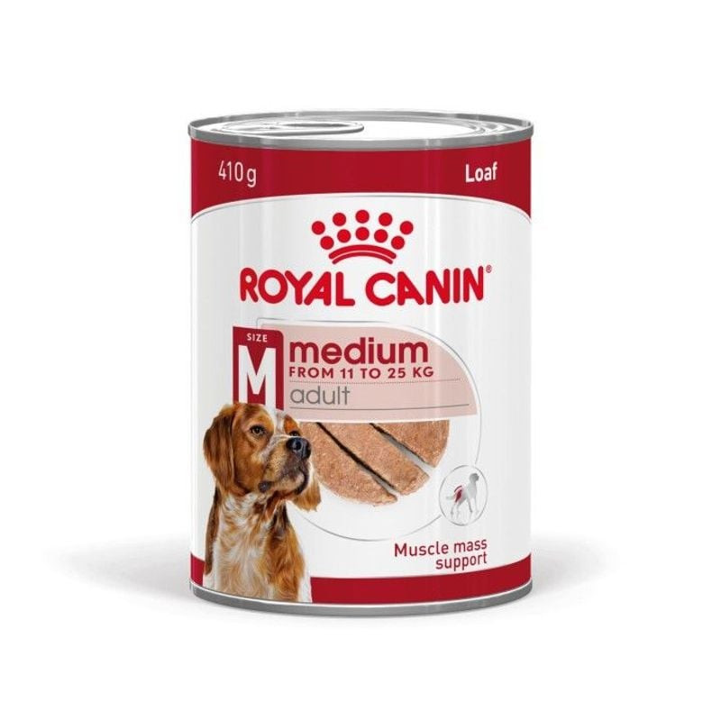 Packshot de Royal Canin pâté pour chien adulte moyen, montrant la boîte et l'étiquette du produit.
