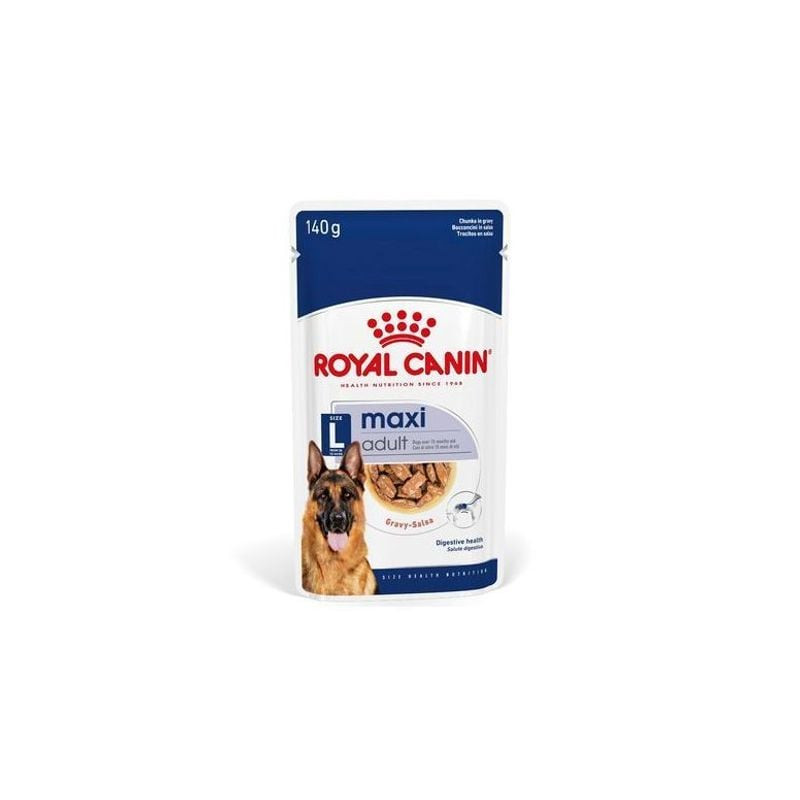 Vue arrière du sachet de nourriture pour chien Royal Canin Maxi Adult, montrant la liste des ingrédi