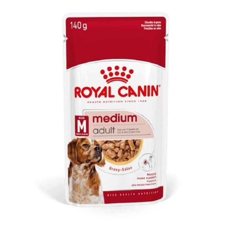 Sachet de pâtée ROYAL CANIN Medium Adult en sauce, avec logo et conseils d'alimentation pour chiens 