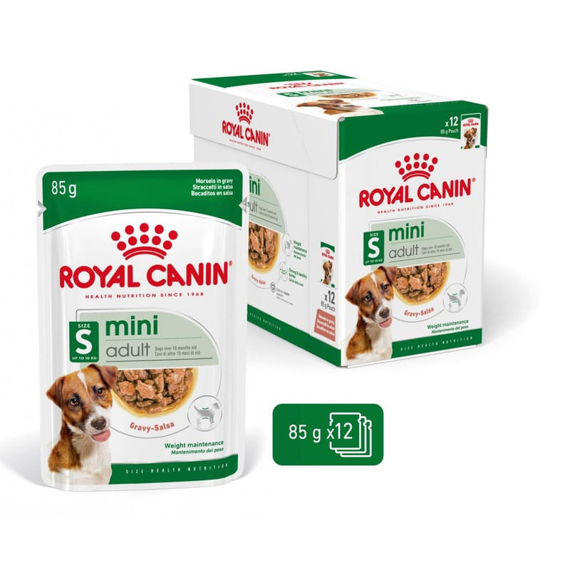 Packshot de ROYAL CANIN 1967615 pâtée pour petits chiens adultes, montrant la boîte avec marque et i
