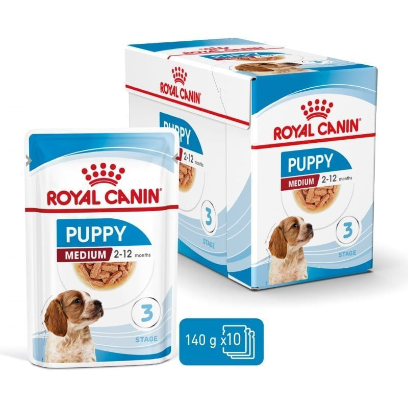 Packshot de la pâtée Royal Canin Medium Puppy mettant en valeur l'emballage et les ingrédients pour 