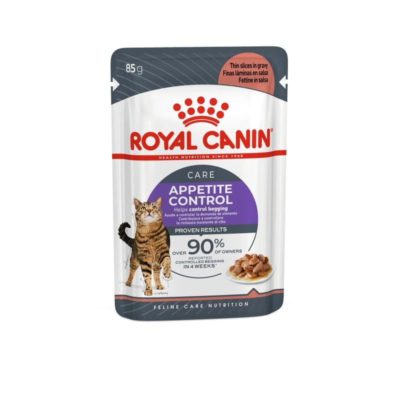 Vue de face du sachet de sauce Royal Canin Appetite Control Care pour chats, avec logo et illustrati