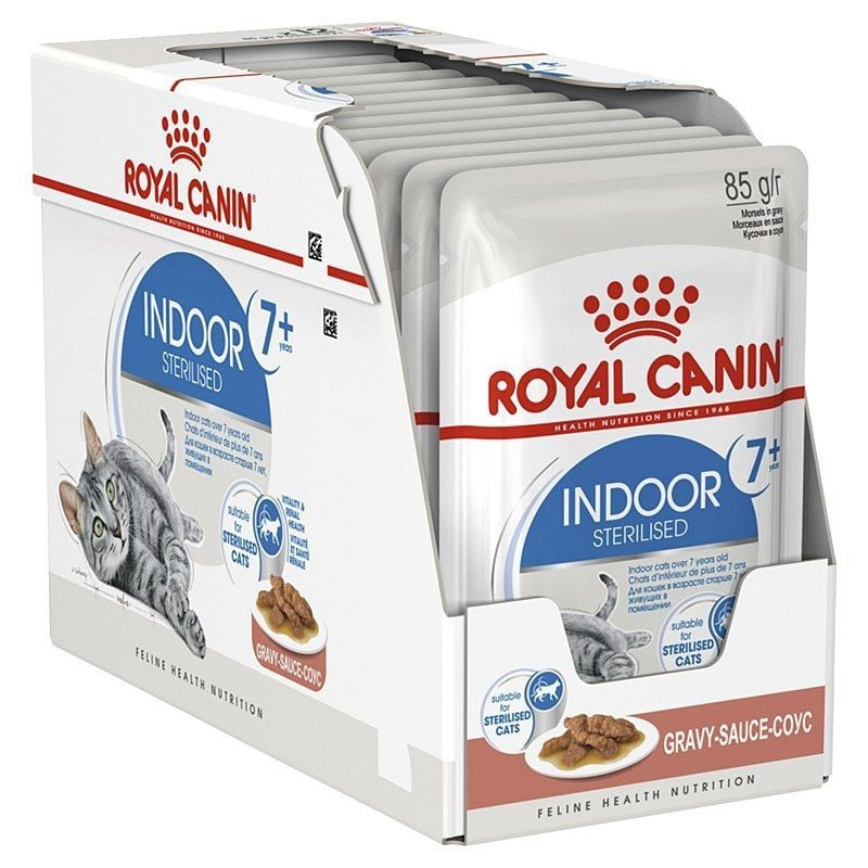 Image de la pâtée Royal Canin Indoor 7+ montrant le dos du sachet avec la liste des ingrédients et l