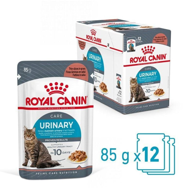 Packshot de la pâtée Royal Canin Urinary Care en sauce pour chat, avec illustration de chat sur l'em