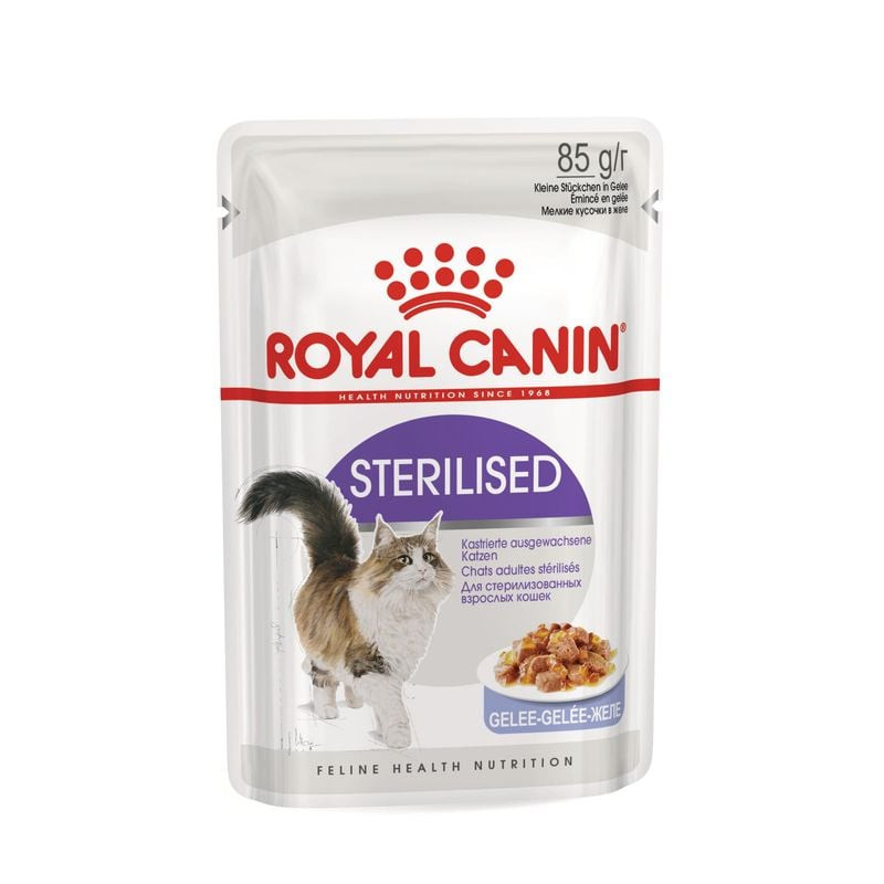Vue avant de l'emballage de pâtée Royal Canin Stérilisé en Gelée avec nom du produit et illustration