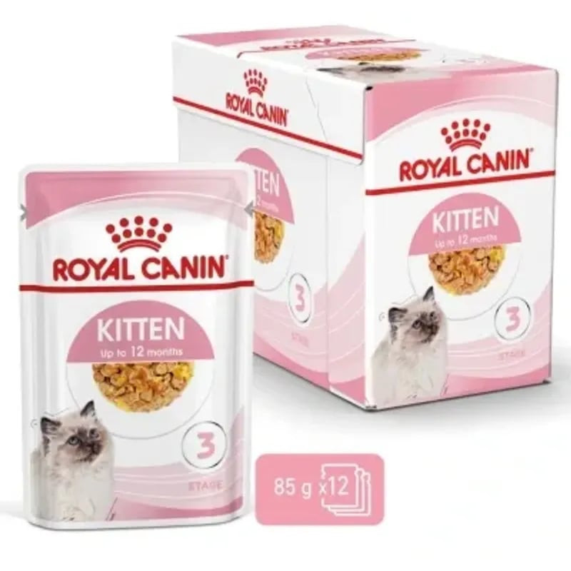 Vue latérale du paquet Royal Canin Kitten Instinctive en gelée montrant les recommandations alimenta