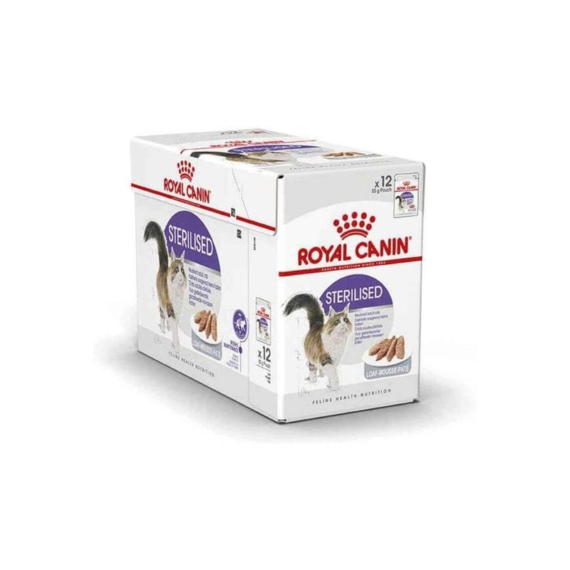 Packshot de Royal Canin pâtée mousse pour chat stérilisé 12x85g, sachets individuels