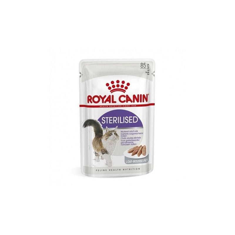 Packshot de Royal Canin pâtée mousse pour chat stérilisé 12x85g, sachets individuels et texture onct