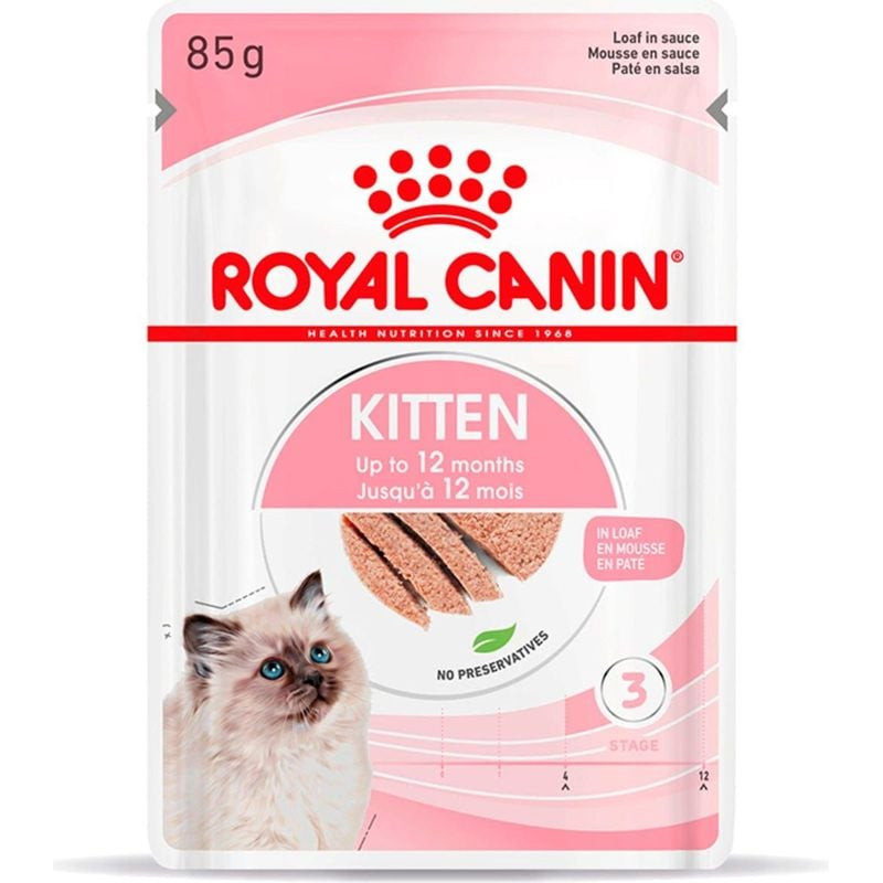 Pâtée Royal Canin Kitten Mousse, pack 12 sachets, vue de face avec étiquette et image de chaton.