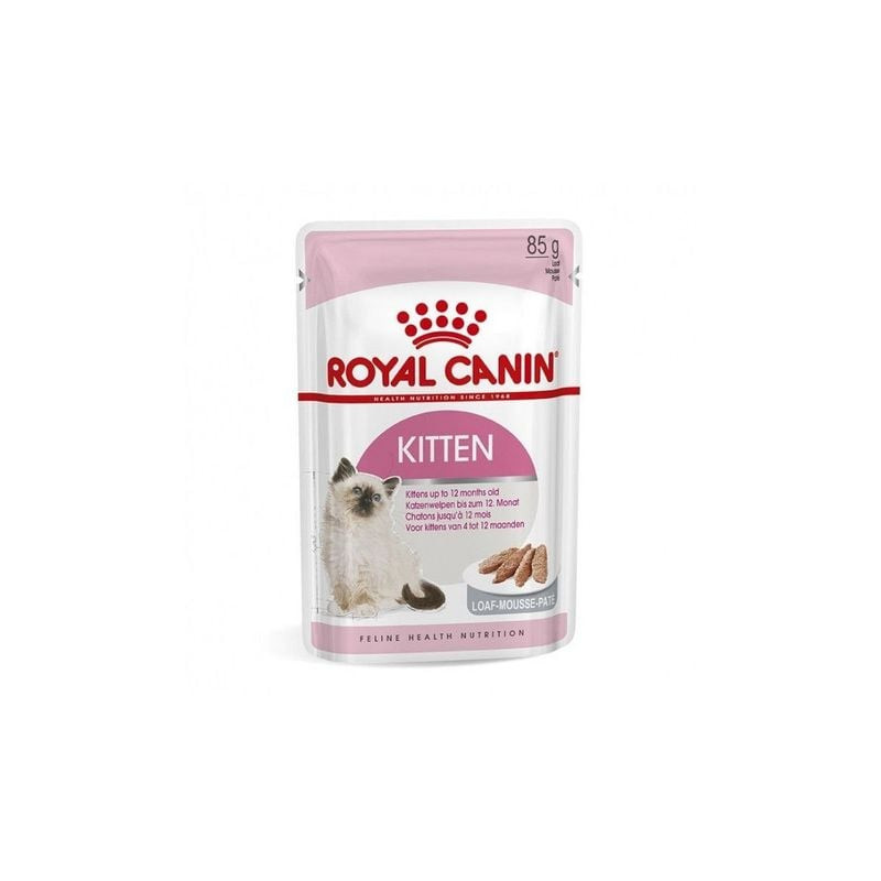 Gros plan du sachet de Royal Canin Mousse pour chaton montrant la texture lisse de la mousse et la l