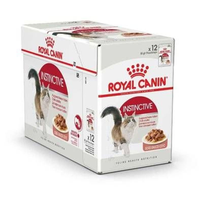Arrière de l'emballage Royal Canin Instinctive en sauce affichant les informations nutritionnelles e