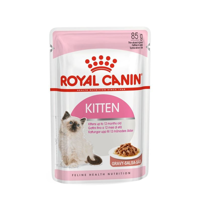 Packshot de Royal Canin Kitten Instinctive en sauce montrant l'emballage du produit avec une image d