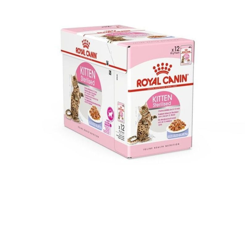 Gros plan sur les sachets Royal Canin Chaton Stérilisé en gelée mettant en valeur la texture gelée.