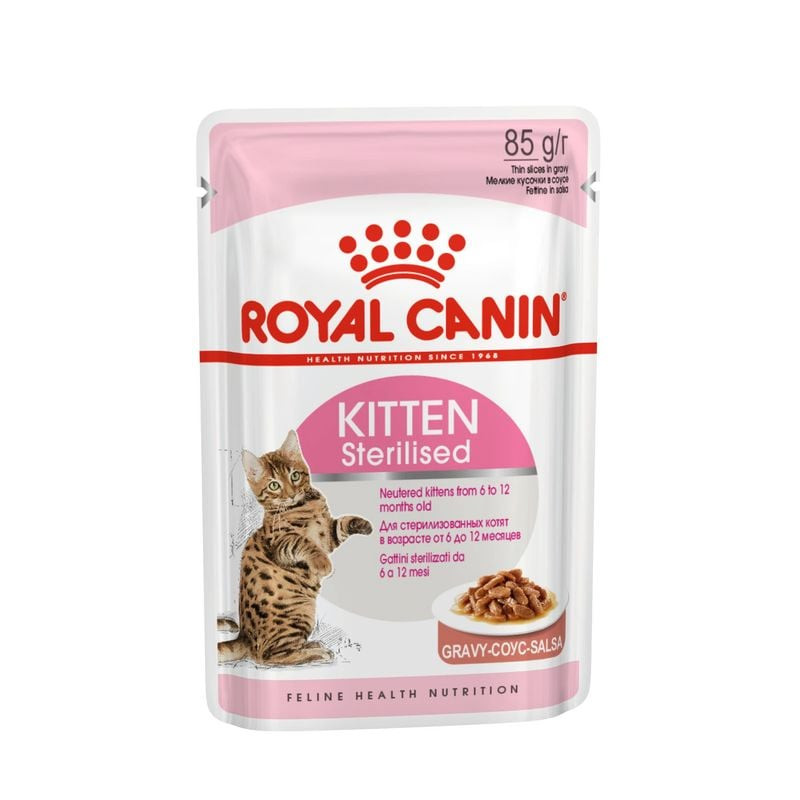 Vue de face de l'emballage de la pâtée Royal Canin 1967510 pour chaton stérilisé, avec illustration 