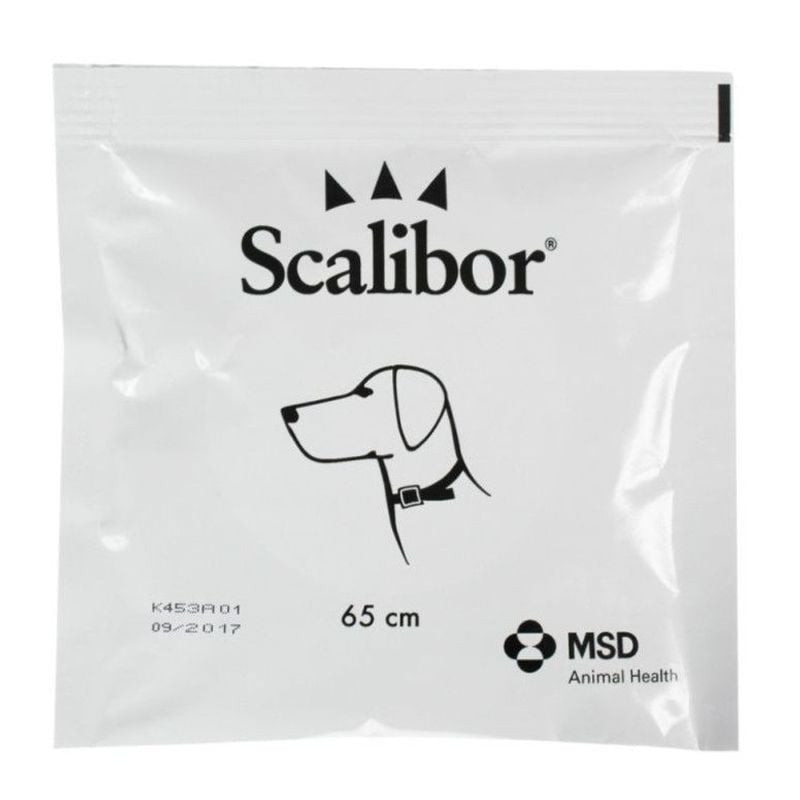 Collier antiparasitaire Scalibor 65 cm à la deltaméthrine, présenté en packshot avec le branding du 