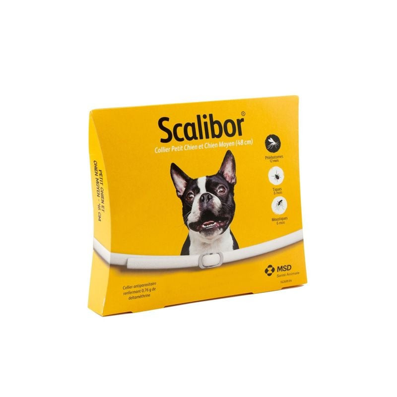 Collier antiparasitaire Scalibor 48 cm pour petits et moyens chiens, imperméable et inodore.