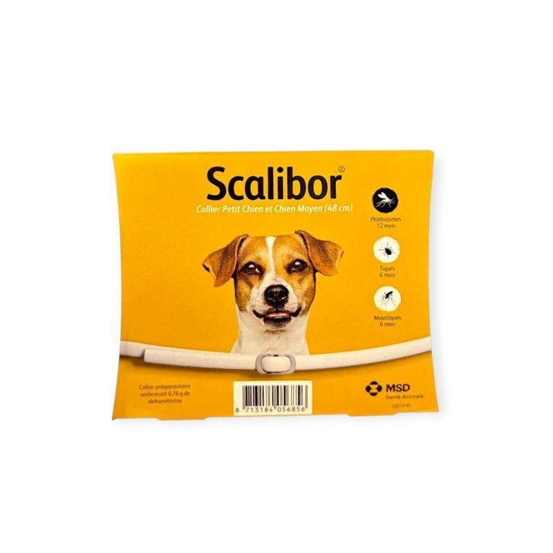 Emballage du collier antiparasitaire Scalibor montrant les caractéristiques du produit et la durée d