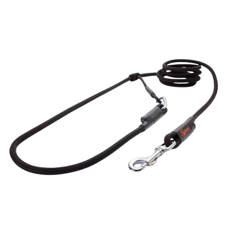 Laisse réglable en biothane noire pour petit chien, longueur 2,5 m et largeur 16 mm, posée sur fond 