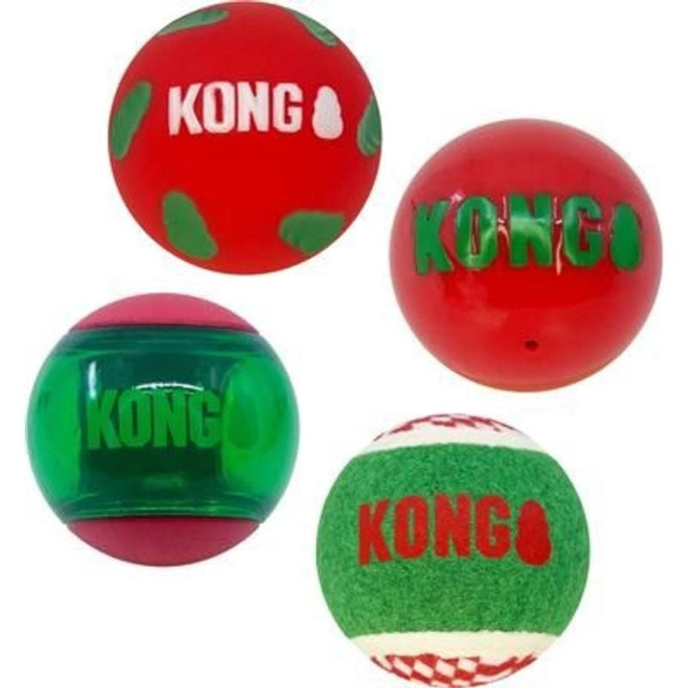 KONG Balles Festives x4 - Jouets Rebondissants pour Chien Moyen - Noël