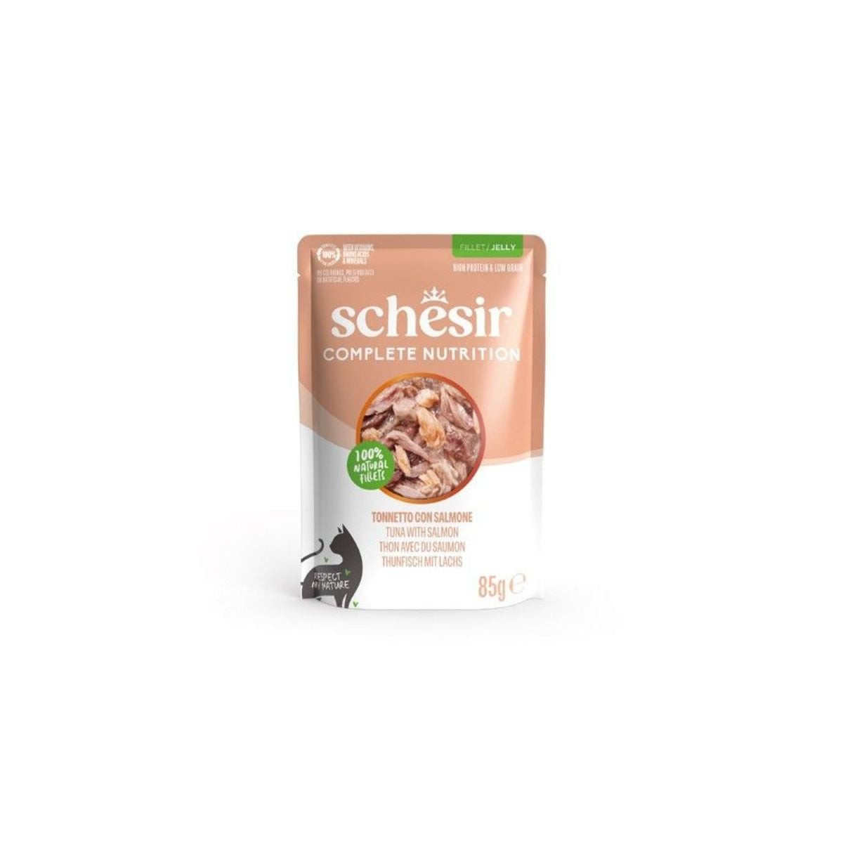 Pochon Schesir Chat : Thon & Saumon en Gelée 85g - Sans Conservateurs