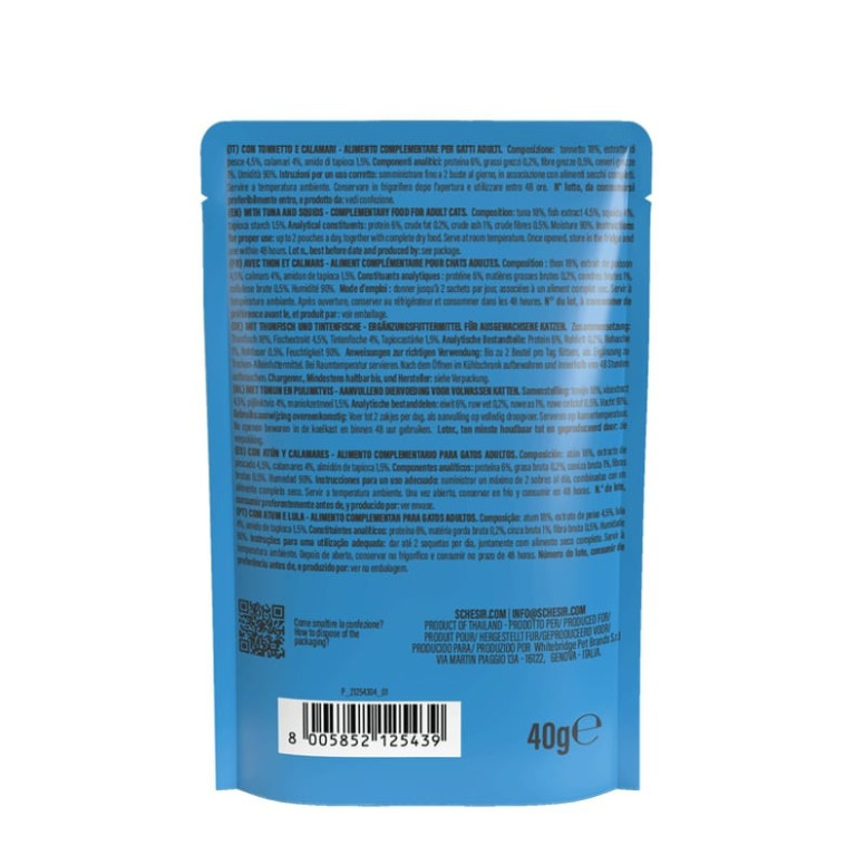Soupe Schesir Thon-Calamars 40g - Topper Humide pour Chat, Naturel