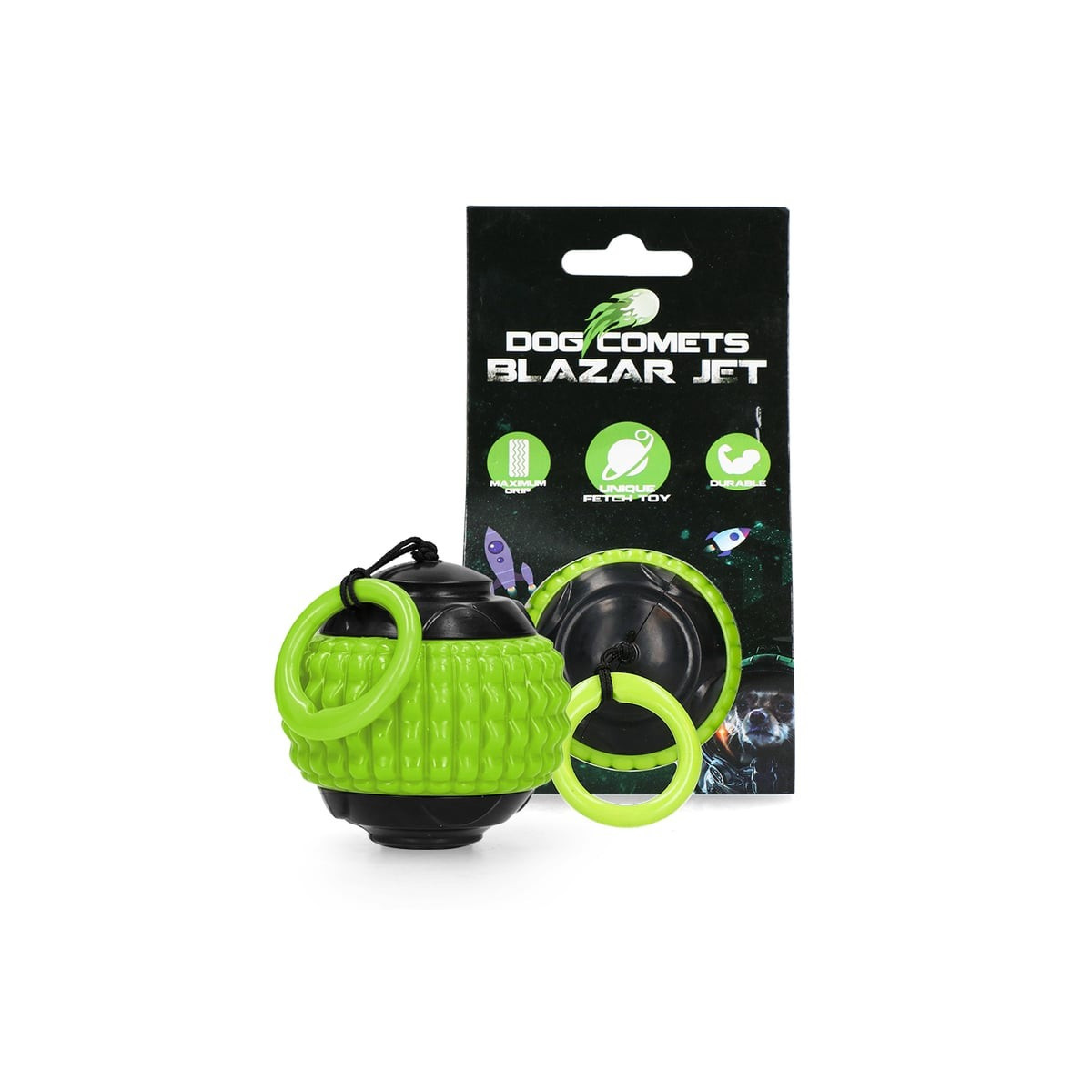 Jouet chien Dog Comets : balle lanceur vert 8cm, rebond ultra-durable