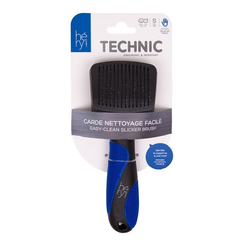 Brosse démêlante HERY 1083759 avec picots courbes souples et bouton poussoir sur fond blanc.