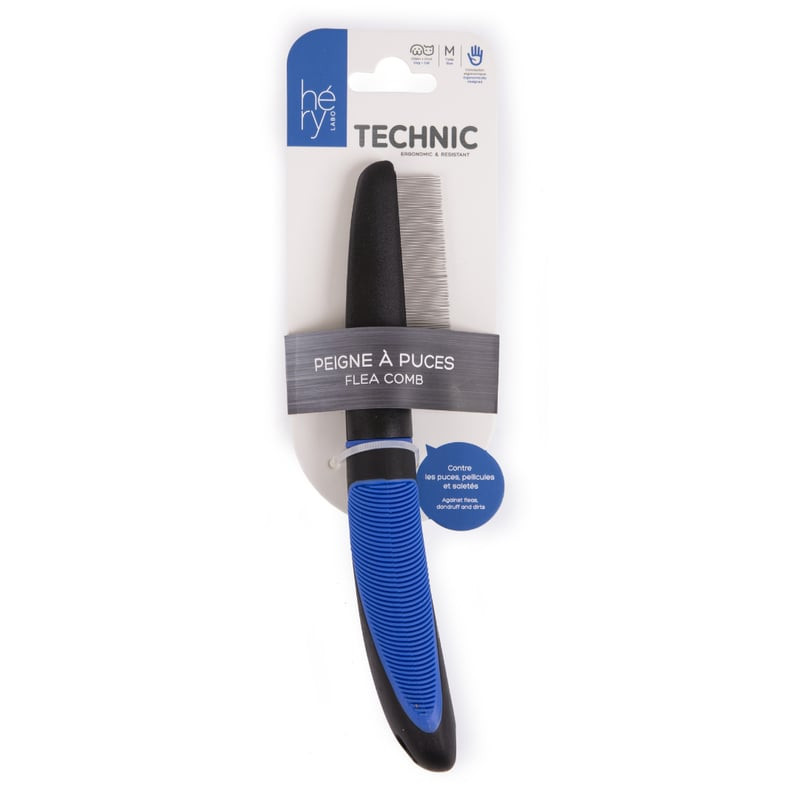 Packshot du peigne à puces HERY Technic taille M pour chat et chien avec 69 dents fines et manche er