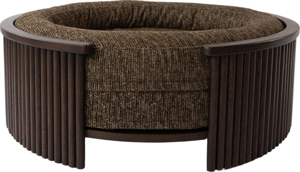Fantail 1083708 walnut wood dog bed frame side angle, showing thickness and wood grain.