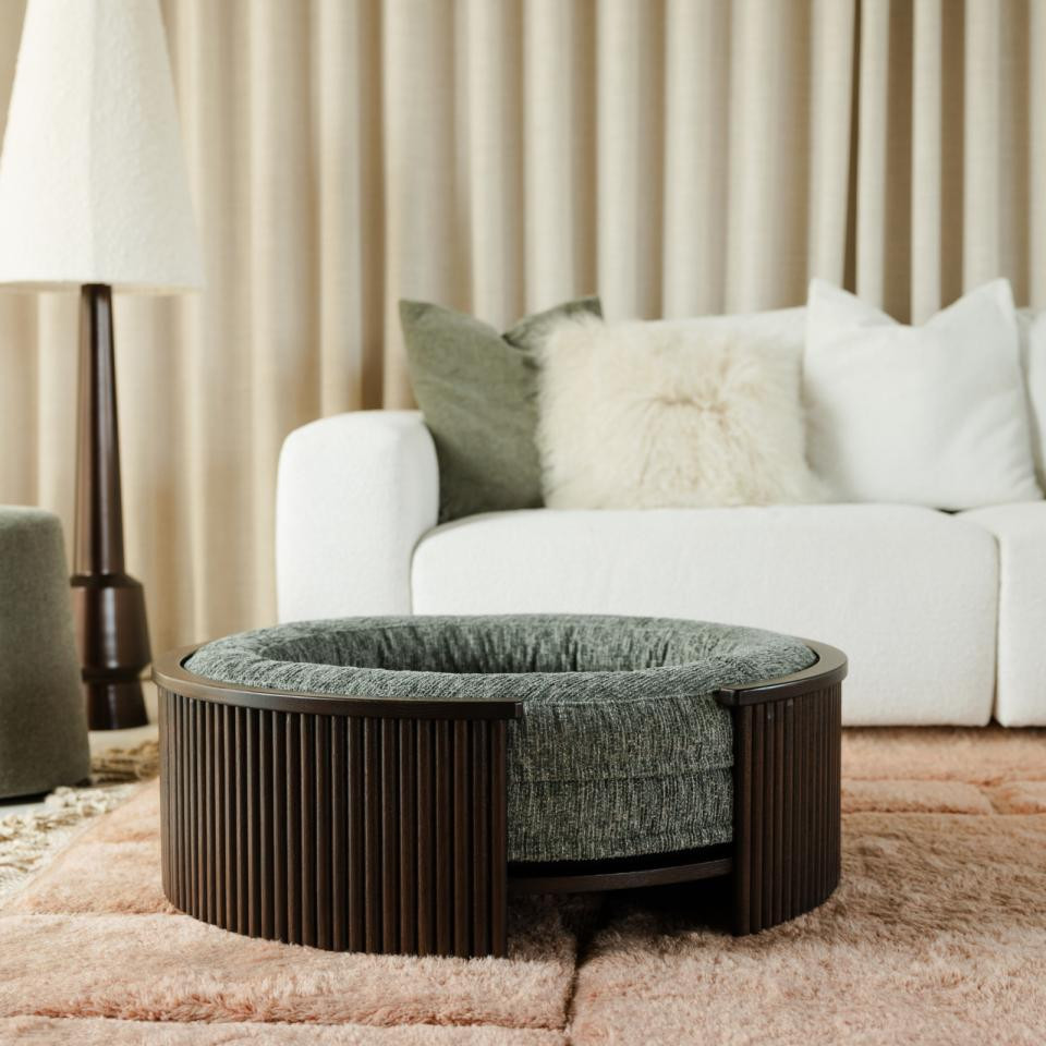 Fantail 1083708 walnut wood dog bed frame in a living room with a dog resting on it.