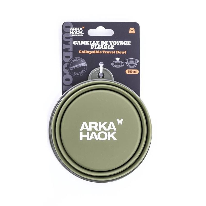Gamelle de voyage pliable Arka Martin Sellier kaki sur carte d'emballage, étiquette 350ml et logo ma