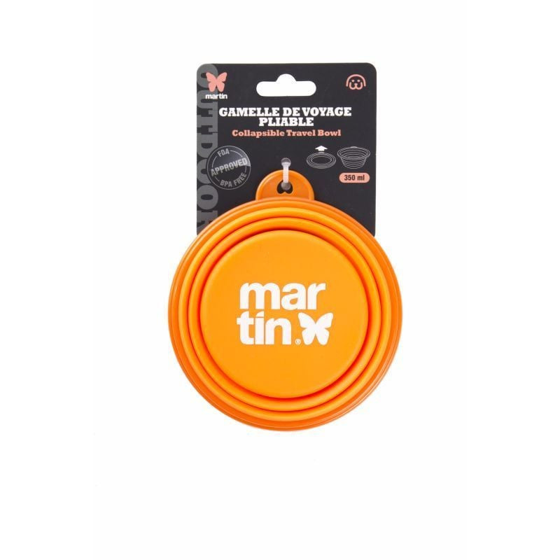 Gamelle pliable voyage silicone orange 350 ml Martin Sellier pour animaux, dépliée avec carte emball