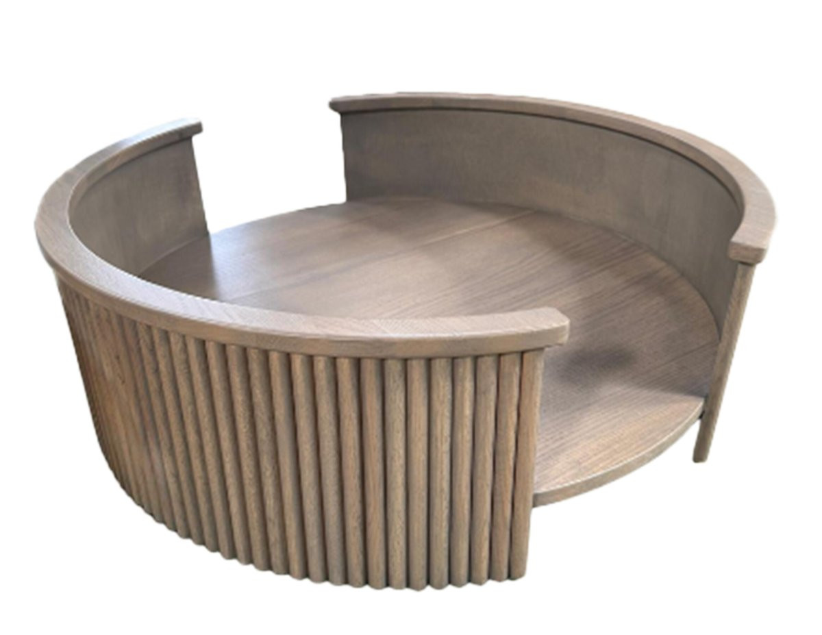 Side view of Fantail Elite grey oak dog bed frame showing its height and sturdy construction.