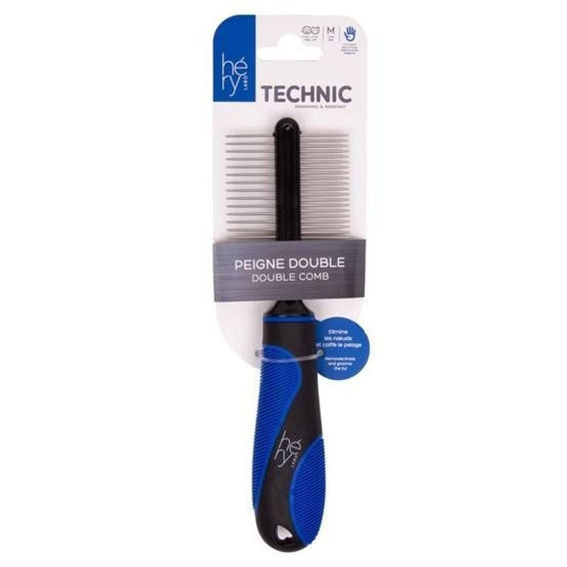 Peigne double face HERY M pour chats et chiens, vue de face montrant le manche ergonomique et les de