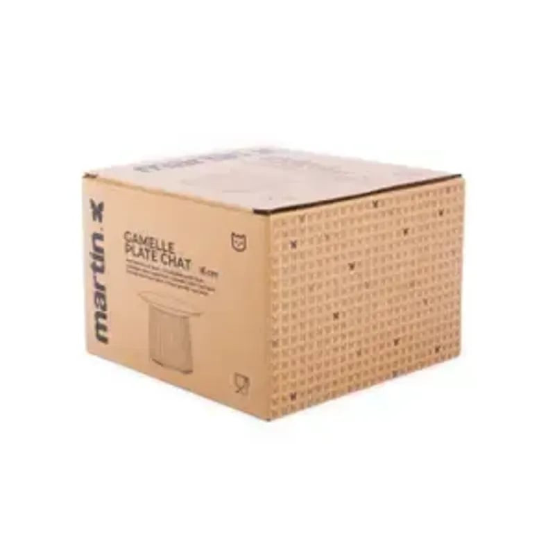 Gamelle orange Martin Sellier pour chat en boîte d'emballage, diamètre 16 cm, bol relevé avec base a
