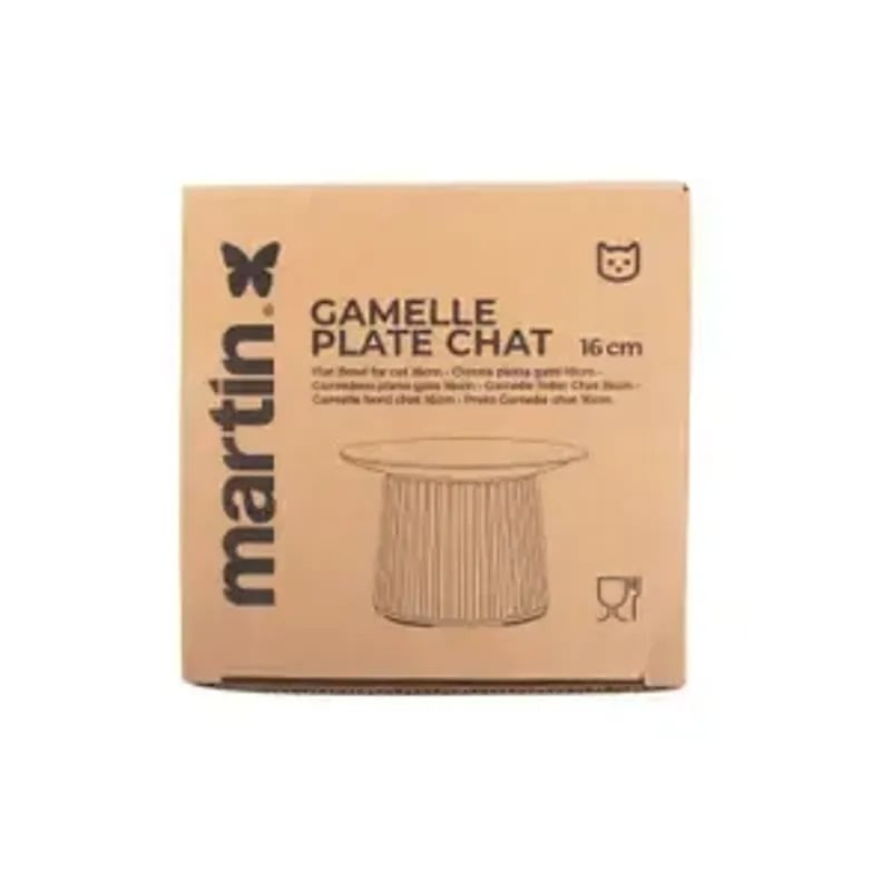 Vue de côté de la boîte d'emballage Gamellelle Martin Sellier présentant la gamelle pour chat orange