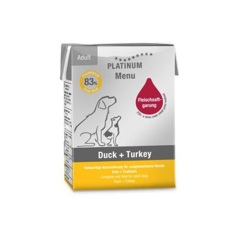 Pâtée PLATINUM MENU Canard + Dinde premium pour chiens adultes, 83% viande fraîche cuite au jus via 