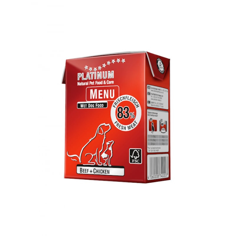 Gros plan sur la boîte de pâtée Platinum 1083657 Bœuf + Poulet, mettant en avant les panneaux latéra