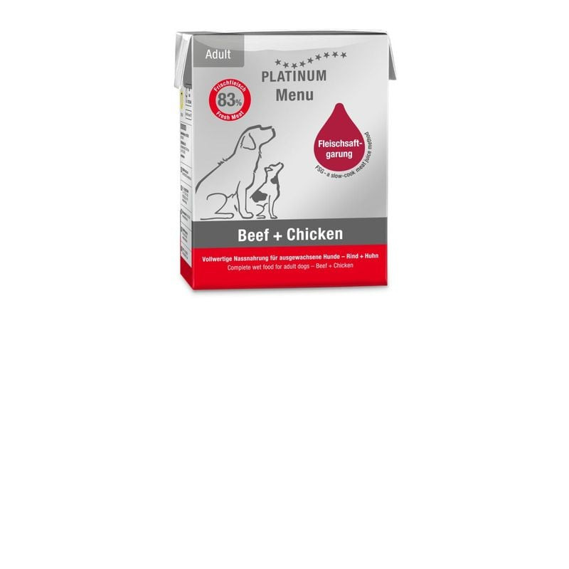 Pâtée Platinum 1083657 Adulte Bœuf + Poulet pour chien en carton, vue avant avec illustration chien,
