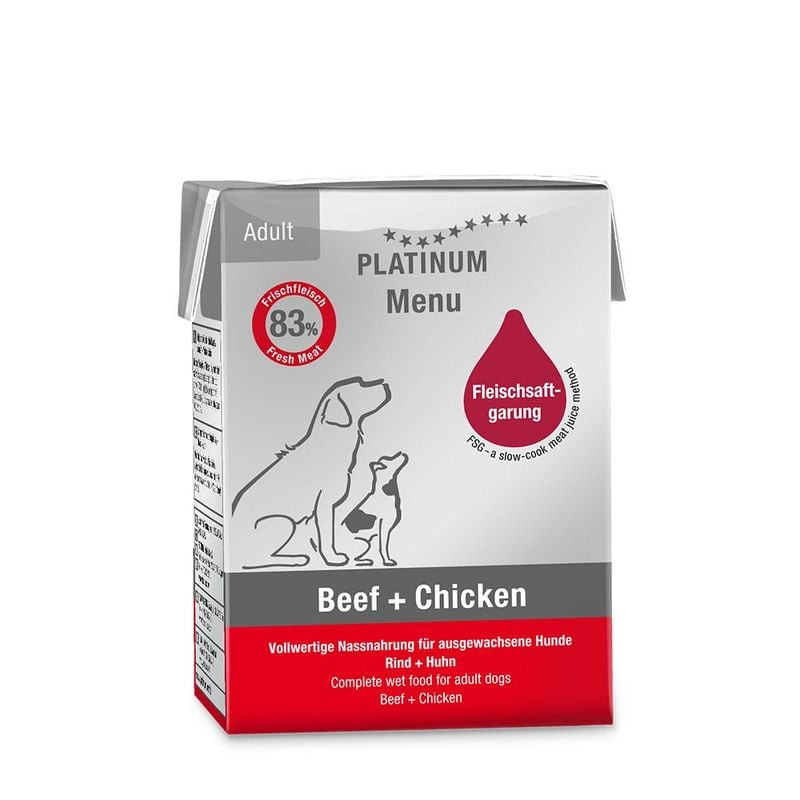 Pâtée PLATINUM Bœuf + Poulet premium pour chiens adultes en emballage Tetra Recart 185g, vue avant e