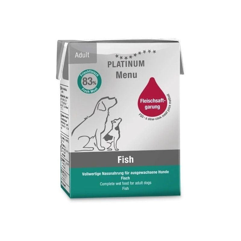 Vue avant de la pâtée PLATINUM 1083654 Poisson Menu pour chiens adultes, avec badge 83% poisson frai