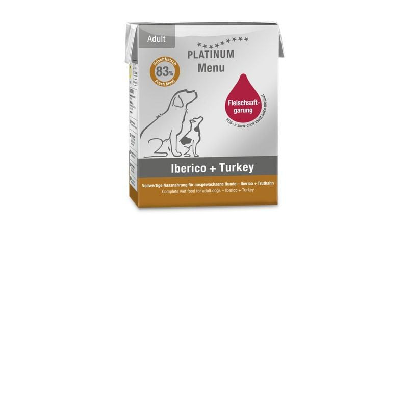 Vue rapprochée de côté de la pâtée Platinum Ibérico + Dinde 375g avec étiquette 83% viande fraîche, 