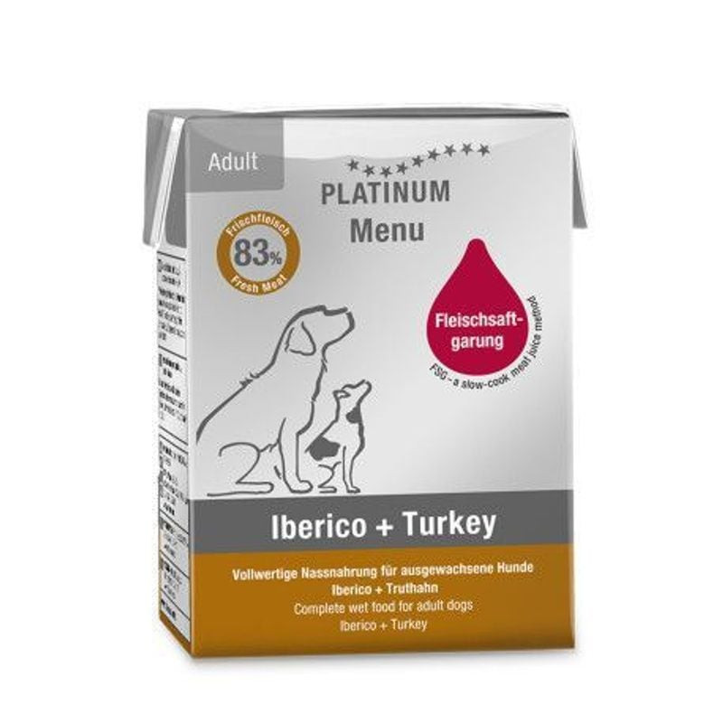 Pâtée Platinum Ibérico + Dinde 375g vue avant avec silhouette chien, badge 83% viande fraîche et éti
