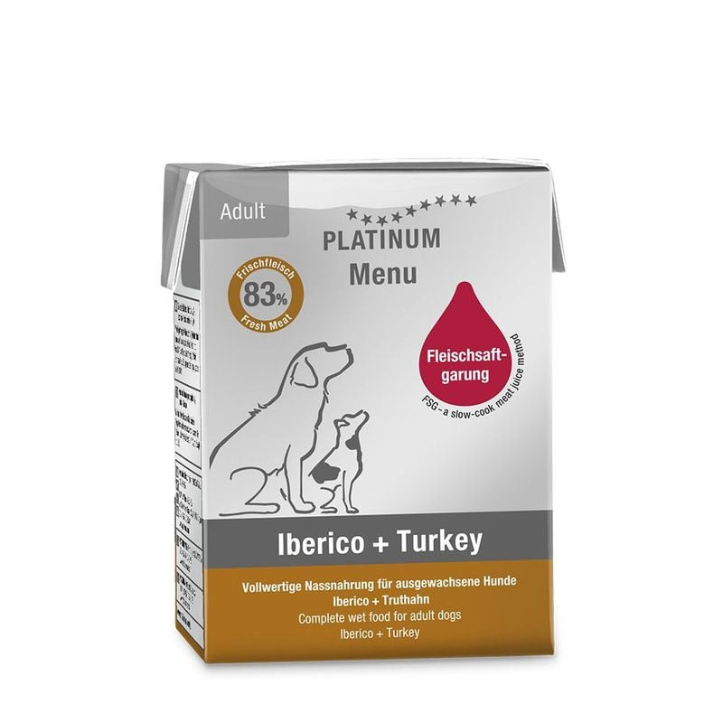 Pâtée PLATINUM Menu Adulte Ibérico + Dinde premium pour chien, 185g, vue avant et côté avec étiquett