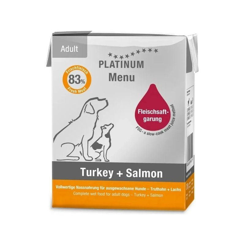 Pâtée PLATINUM Dinde + Saumon 375g en carton, vue avant avec badge 83% viande fraîche, illustrations
