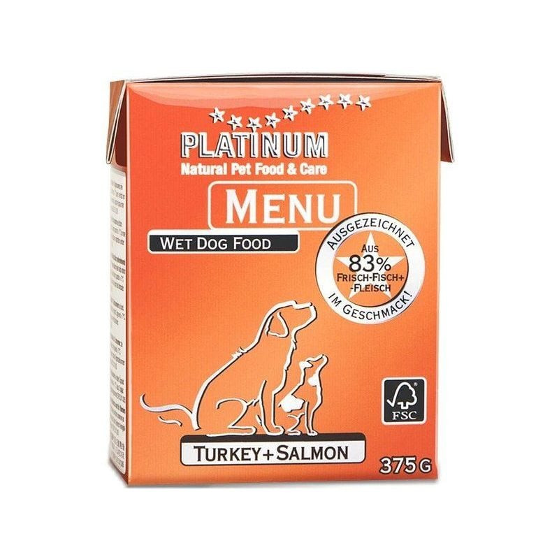 Vue latérale de la pâtée PLATINUM Dinde + Saumon 375g, mise en avant sceau 83% viande/poisson frais,