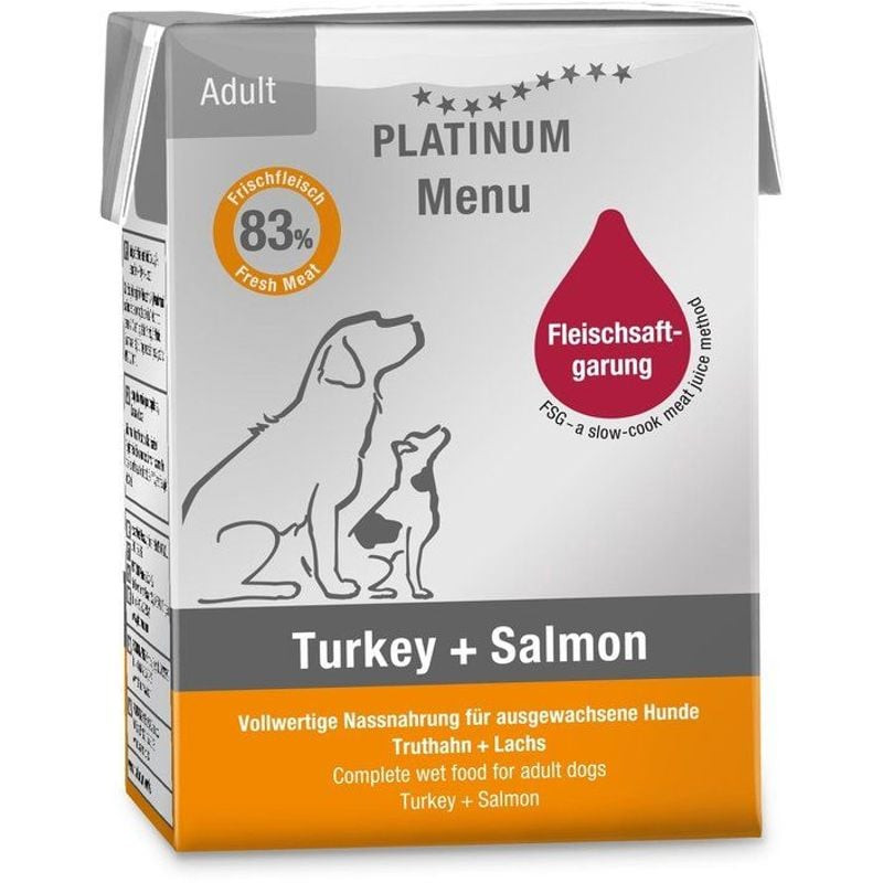 Pâtée PLATINUM Dinde + Saumon pour chien adulte : vue avant et côté, badge 83% viande fraîche, illus