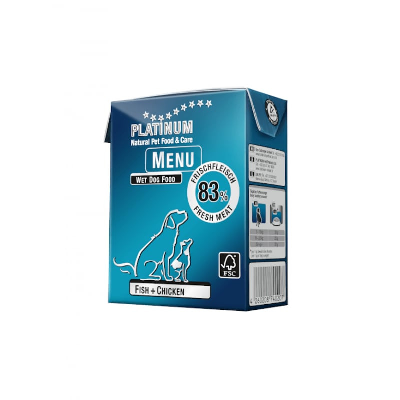 Vue avant de la pâtée Platinum Natural Care Menu pour chien, carton bleu étiqueté Poisson + Poulet, 